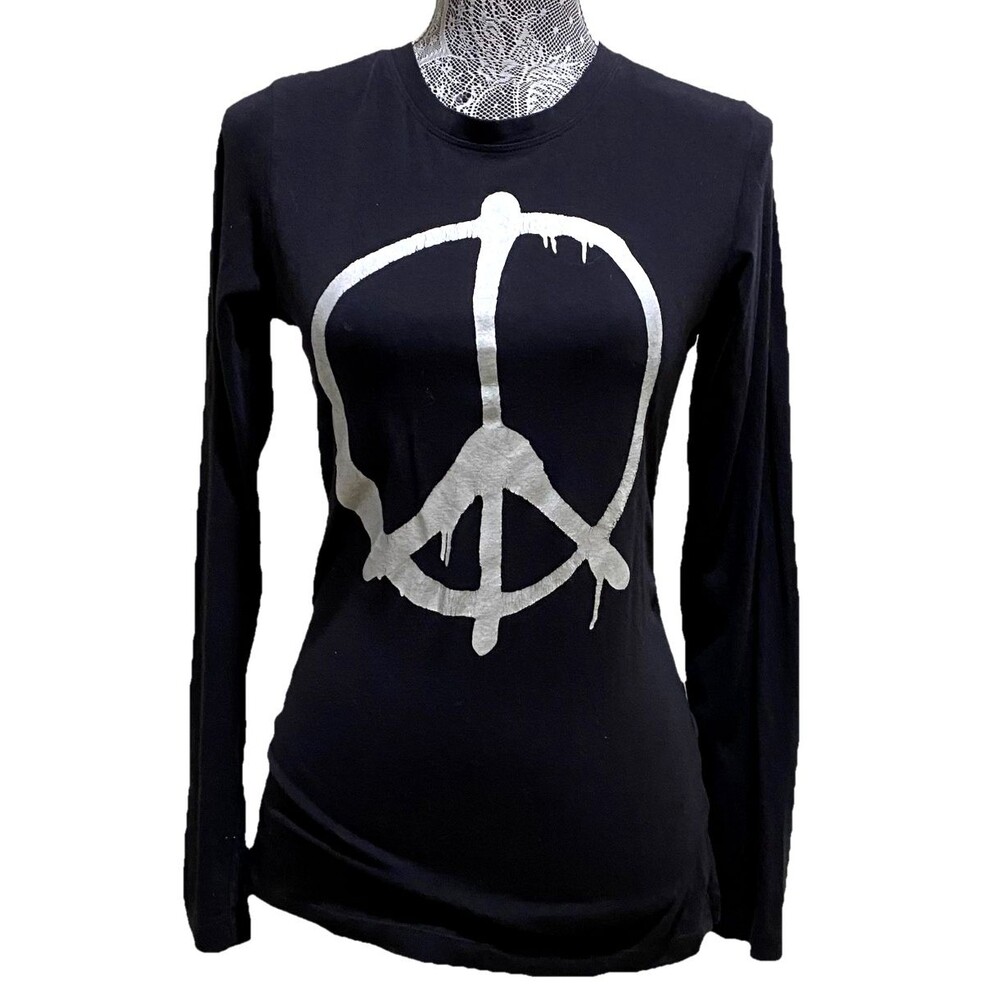 ISDA & CO Peace Sign Graphic Long Sleeve Black Metallic Foil Stretch Top XS